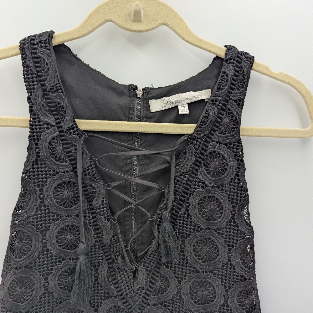 Lovers + Friends Escape Mini Dress Boho Crochet Knit Medium Sleeveless Black - Picture 2 of 11